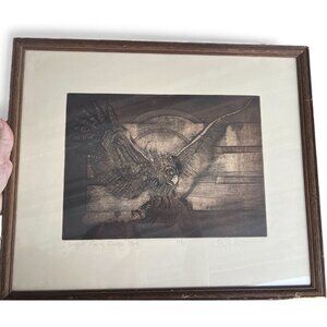 Vintage Artists Proof Etching “Night flight Owly Bird” Signed JR K- 1970’s-80’s